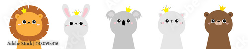 Lion koala bear cat bunny rabbit hare face head icon set. Scandinavian style. Golden crown. Cute kawaii cartoon funny baby character. Kids print poster, t-shirt. Love Flat White background