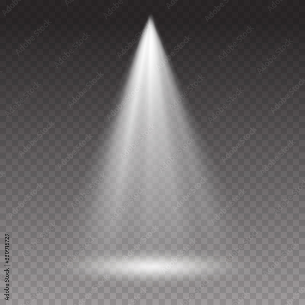 Projector light effect isolated on transparent background. Vector glow stage spotlight. Shine spot beam template.