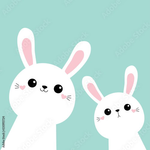 Two bunny rabbit face head icon set. Cute kawaii hare animal. Golden crown. Cartoon funny baby character. Kids print for poster, t-shirt. Love. Scandinavian style. Flat design. Blue background.