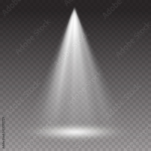 Projector light effect isolated on transparent background. Vector glow stage spotlight. Shine spot beam template.
