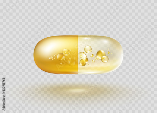 Gold bubble isolated on transparent background. Cosmetic vitamin capsule or oil pill. Vector golden 3d serum collagen sphere..