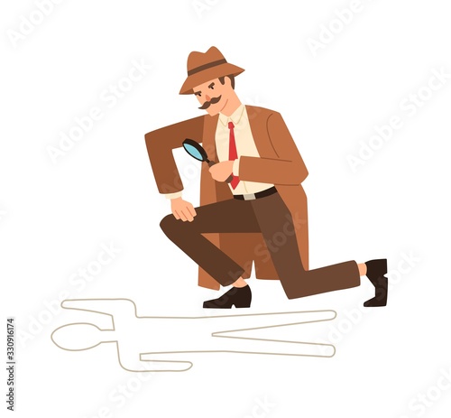 Private detective look through magnifying glass at crime scene vector flat illustration. Professional cartoon inspector hold magnifier near dead body isolated on white. Secret agent finding evidence