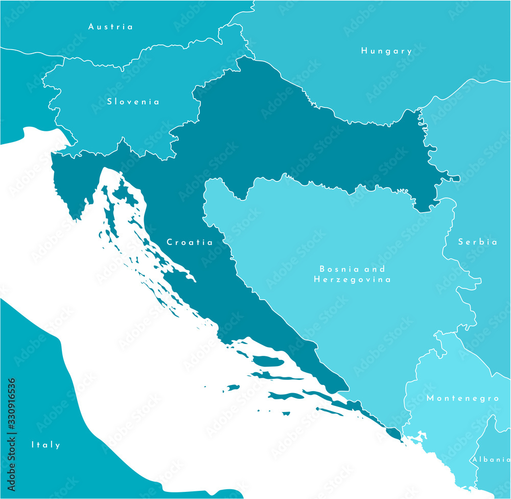Vector modern illustration. Simplified european map with Croatia ain centre and borders with neighboring countries (Slovenia, Hungary,  Serbia, Montenegro and others). White background