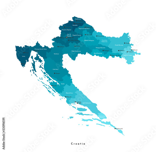 Vector modern isolated illustration. Simplified administrative map of Croatia in blue colors. White background. Names of croatian cities and counties (regions) photo