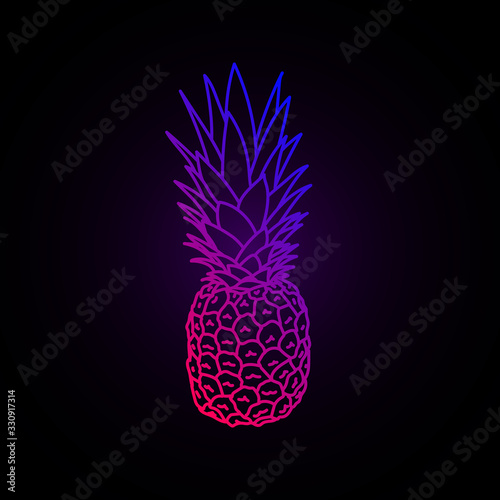 Synthwave Vaporwave Retrowave neon vivid color vector pineapple on dark background. Design for poster, flyer, invitation club card. Eps 10.