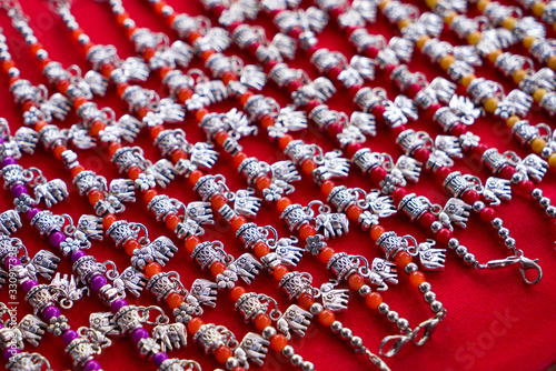 beads on red background