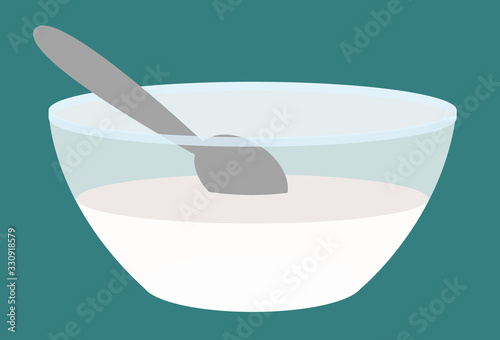 Portion of product flour or milk in glass plate with spoon. Element of cooking in kitchen with porridge in bowl symbol. Preparing meal and mixing ingredient in kitchenware with cutlery object vector