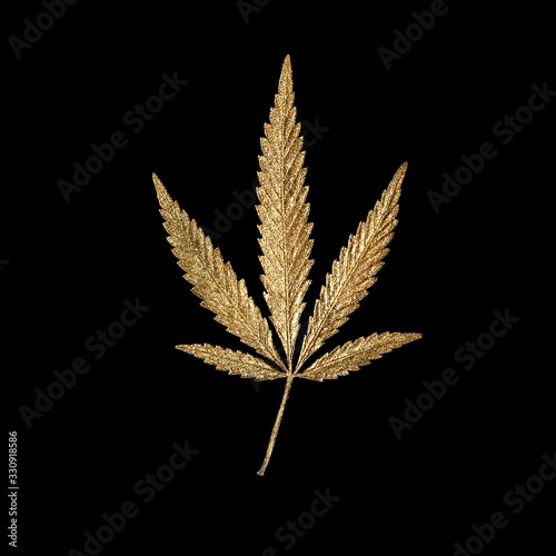 Golden leaf cannabis with five fingers leaves, marijuana on black background in minimal branding, legalization medical hemp. Minimalist product mockups