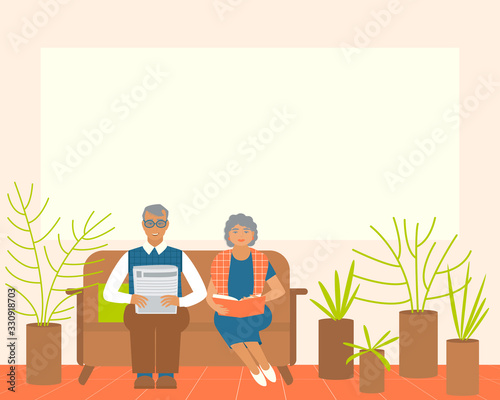  Isolation old people favorable for their health during epidemics. Senior couple smiling. Positive pensioner. Frame for information about the elderly. Flat vector illustration.