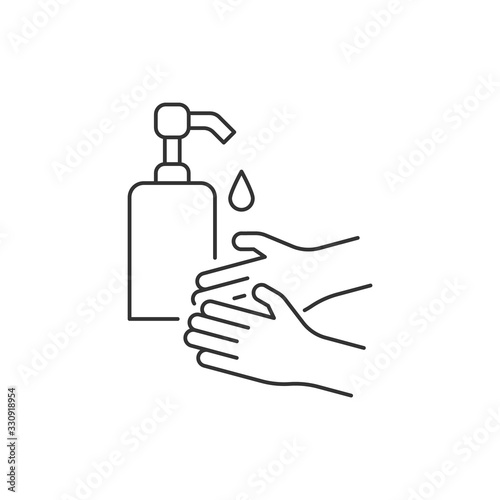 Washing your hands with liquid soap or disinfectant line icon. Editable stroke