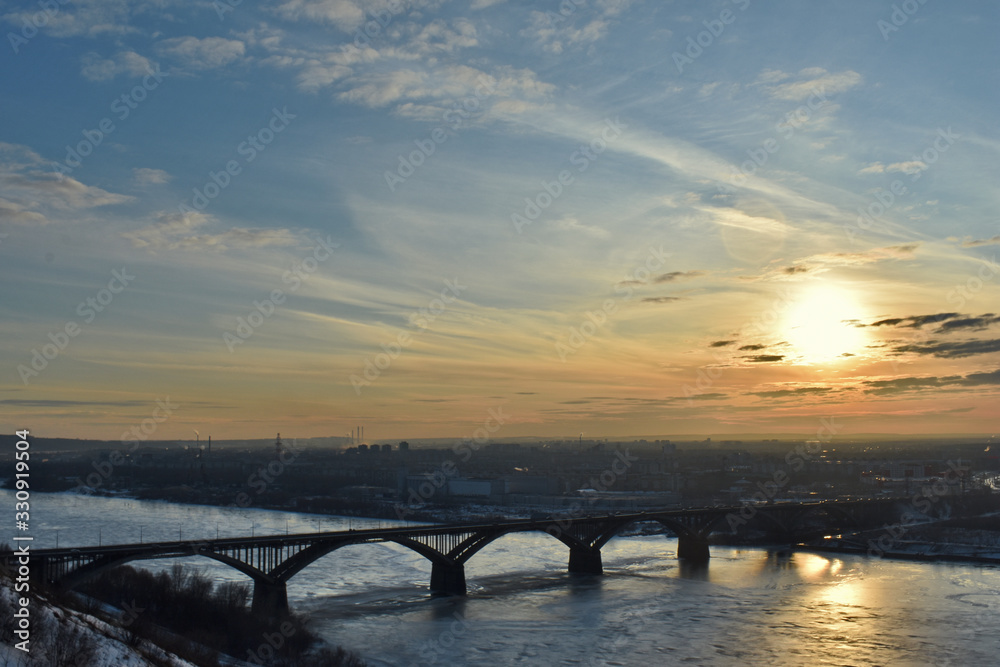 panorama of the city of Nizhny Novgorod. sunset over the bridge and the Oka river
