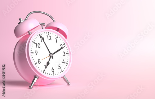 Pink vintage alarm clock on bright pink background in pastel colors. Minimal creative concept. 3d rendering illustration