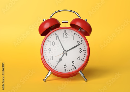 Red vintage alarm clock on bright yellow background in pastel colors. Minimal creative concept. Front side. 3d rendering illustration