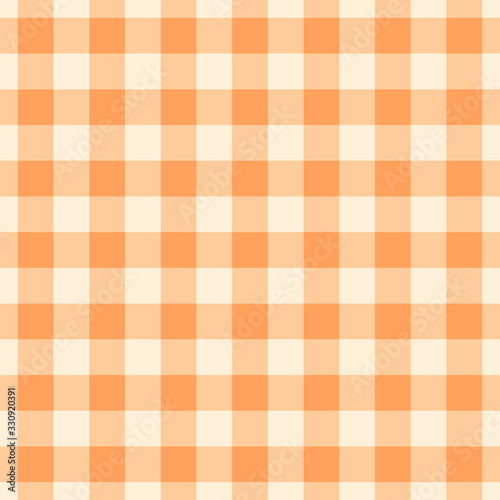 Vector gingham striped checkered blanket tablecloth. Seamless white orange table cloth napkin pattern background with natural textile texture. Country fabric material for breakfast or dinner picnic
