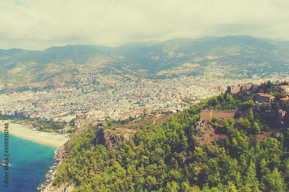 landscape from the hill in Alanya, Turkey to the beautiful beaches of Cleopatra
