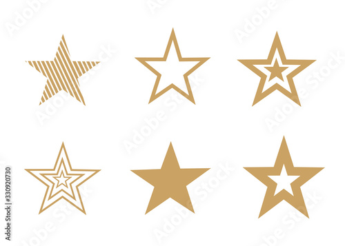 A set of different gold stars isolated on white. Vector drawing.