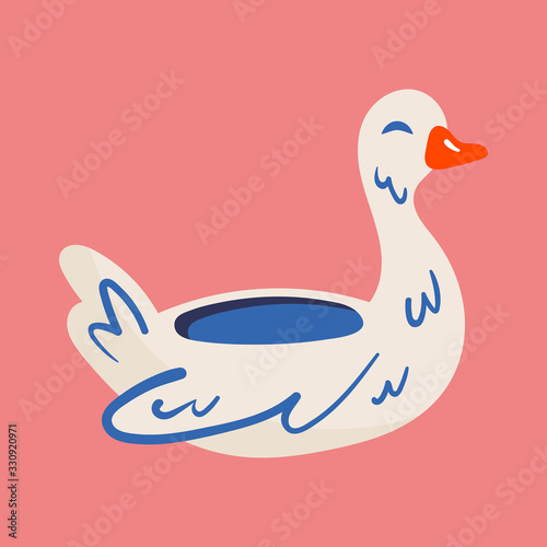 Rubber ring duck, swam shape design. Rubber bird, animal. Pool decor. Swimming equipment. Summer seaside beach pool party. Flat colourful vector illustration icon sticker isolated on white background.