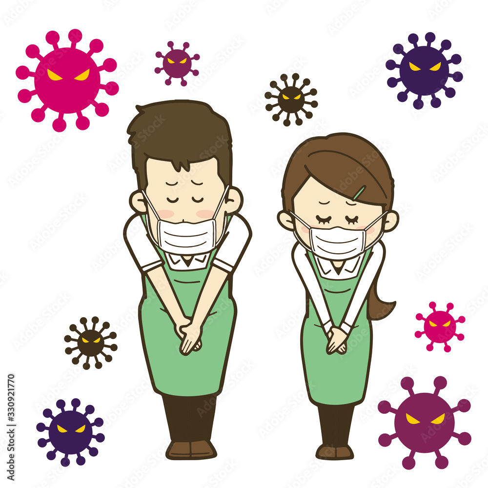 ウイルスに囲まれたエプロン姿の男女