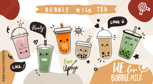 Bubble milk tea cup design collection,Pearl milk tea , Yummy drinks, coffees and soft drinks with doodle style banner and sale poster. - Vector illustration.