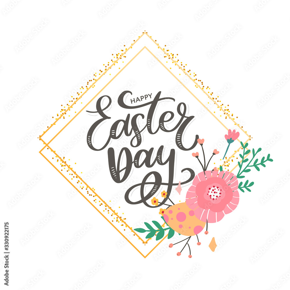 Colorful Happy Easter greeting card with flowers eggs and rabbit elements composition. EPS10 vector file organized in layers for easy editing. Colorful Happy Easter greeting card with flowers eggs and rabbit elements composition. EPS10 vector file organized in layers for easy editing.