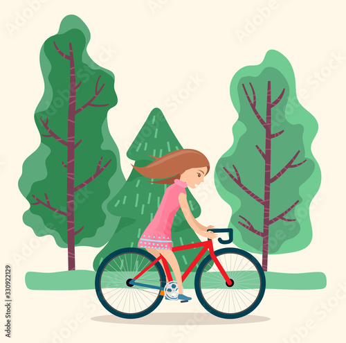 Child playing outdoor, girl riding bicycle in park or forest vector. Transport or vehicle, seasonal activity or sport, female character on bike. Summer entertainment or pastime, teenager illustration