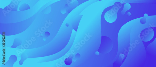 Abstract fluid blue dynamic flow with different geometric shapes background vector graphic illustration. Futuristic lilac flowing stream circle sphere and skittle colorful backdrop creative design