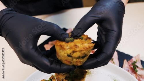 cook sprinkles ready-made cupcakes with meat and mushrooms cress salad