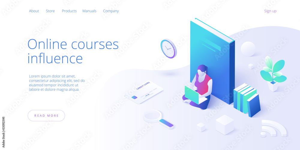 Online education concept vector illustration in isometric design. Girl or woman using internet distance training and courses on learning or educational platform. Website layout template. - obrazy, fototapety, plakaty 