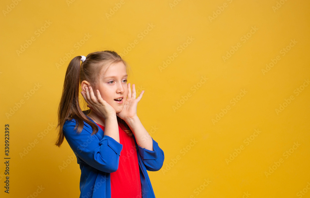 Close up photo of nice girl screaming shouting wearing red t-shirt and blu jacket on yellow background Close up photo of nice girl screaming shouting wearing red t-shirt and blu jacket on yellow background