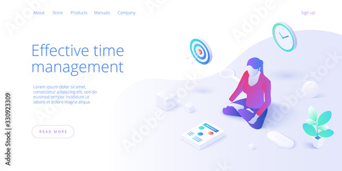 Effective time management in flat vector illustration. Woman working and task prioritizing. Organization for effective productivity. Job schedule optimization concept.
