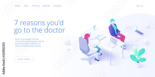 Doctor consultation or visit concept in isometric vector design. Woman doctor or physician giving medical prescription to female patient. Healthcare professional. Web banner layout template.