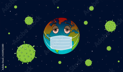 Coronavirus 2019-nCoV Concept Illustration. Earth With Respirator Face Mask and Corona Viruses in Space Background.