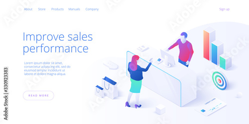 Male cashier working at cash register concept in isometric vector design. Man salesman or seller and female customer. Retail business professional. Web banner layout template.
