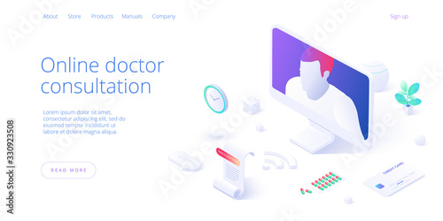Online doctor consultation call or visit concept in isometric vector design. Woman using internet on pc for medical video chat. Healthcare conference. Web banner layout template.
