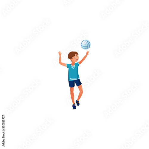 The teenage boy plays volleyball in a blue t-shirt. Vector illustration in the flat cartoon style