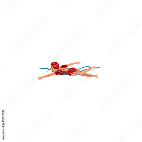 A teenage girl swims in a red swimsuit. Vector illustration in a flat cartoon style.