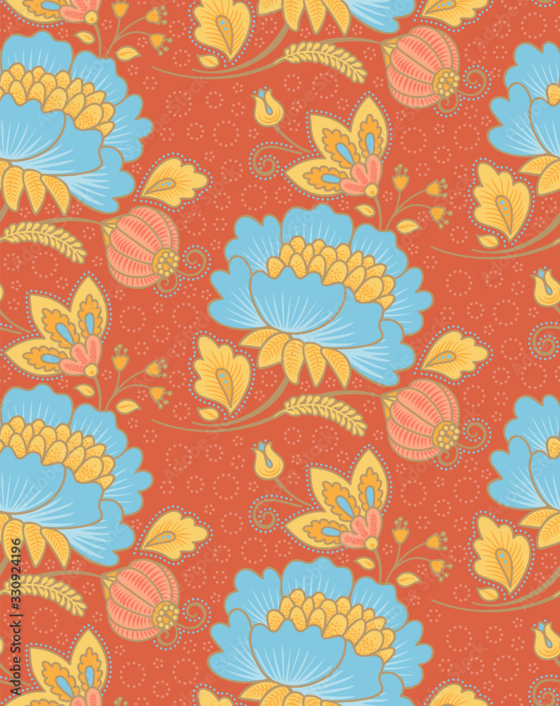 Fototapeta premium Branches of peonies on an orange background