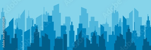 Horizontal city skyline vector flat illustration. Urban architecture cityscape with high modern building construction graphic design. Panorama of skyscraper downtown