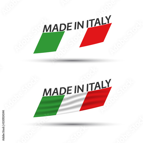 Set of two modern colored vector flags with Italian tricolor isolated on white background, flag of Italy, Italian ribbons