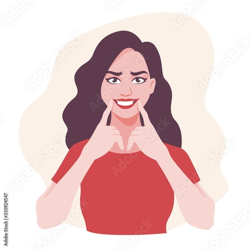 Cartoon beautiful woman pull on mouth showing fake smile isolated on white background. Female character demonstrate liar happy smiling on face touching finger to lips vector flat illustration