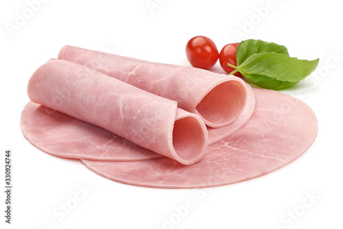 Thinly Sliced Ham, boiled sausage, isolated on white background photo