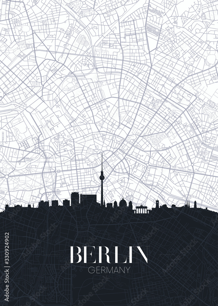 Skyline and city map of Berlin, detailed urban plan vector print poster