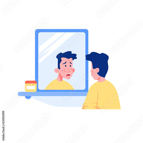Surprised teenage guy with acne face looking at mirror vector graphic illustration. Unhappy teenager boy seen facial problem with skin isolated on white background