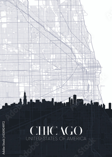Skyline and city map of Chicago, detailed urban plan vector print poster