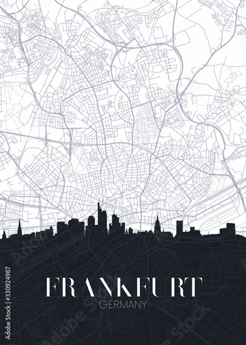 Skyline and city map of Frankfurt am Main, detailed urban plan vector print poster