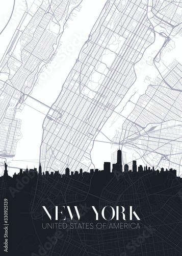 Skyline and city map of New York, detailed urban plan vector print poster