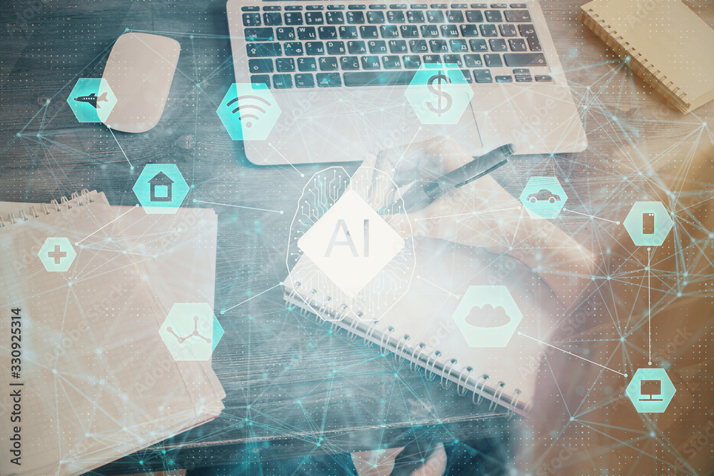 Multi exposure of writing hands on background with data solution hologram. Technology concept. Multi exposure of writing hands on background with data solution hologram. Technology concept.