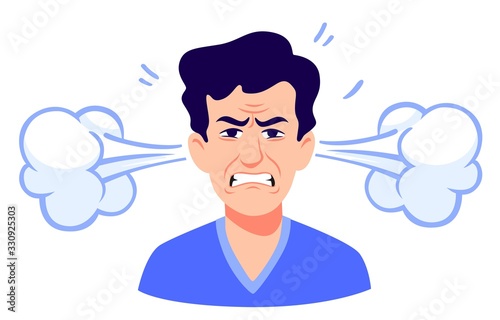 Angry cartoon man with steam coming out of ears isolated on white. Portrait of stressed male having anger and irritation emotion vector graphic illustration. Face of depressed person with headache