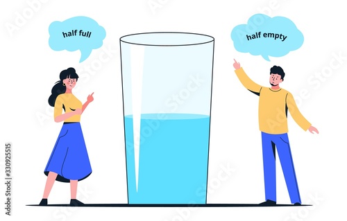 Colorful cartoon couple with half full or empty glass vector flat illustration. Tiny people having disagreement at relationship isolated on white background. Pessimist and optimist lifestyle concept