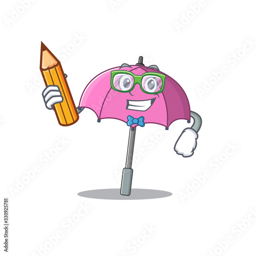 A smart student pink umbrella character with a pencil and glasses